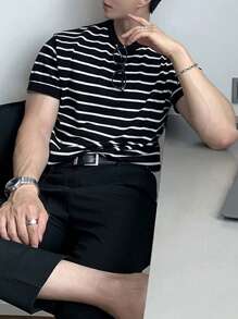 Men's Striped Knit Crew Neck Short Sleeve T-Shirt, Casual & Business Fitted Style, Breathable For Summer