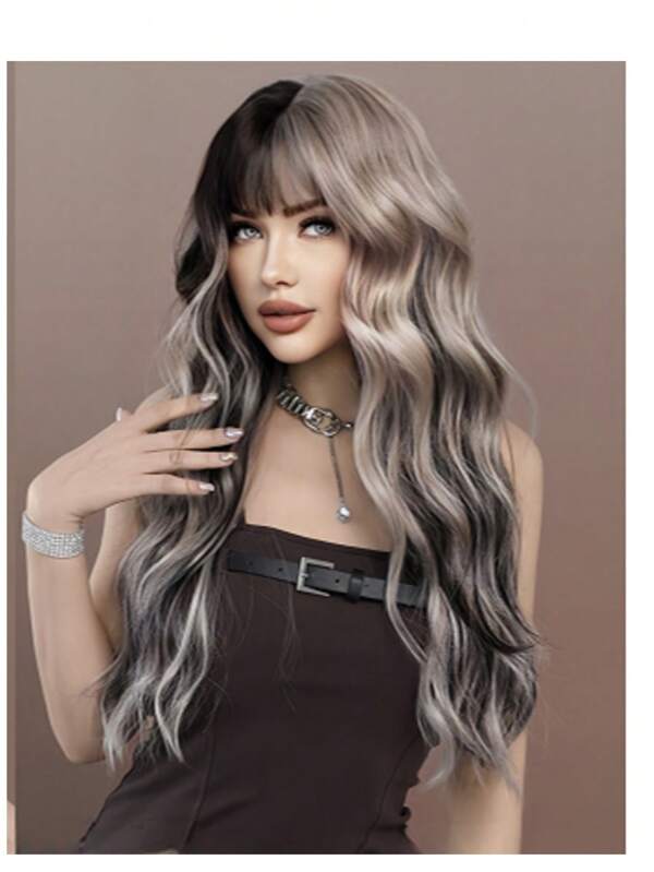 1pc Stylish European & American Colorful Wig With Bangs, Long Curly Hair, Synthetic