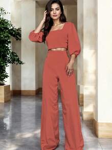 Conjunto, Blusa Manga Farol Escote Cuadrado Y Pantalón Pierna Ancha Casual Para Mujer - Coral - Ver 3
