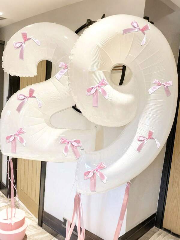 Conjunto de 12 balões de número 0-9, balões de folha de número branco de 32 polegadas com decoração de laço rosa, adequado para festa de aniversário, casamento, noivado, comemoração de aniversário