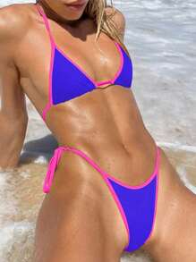 Bộ đồ bơi nữ 2 mảnh, áo croptop buộc dây màu vàng và xanh dương tương phản cùng quần bikini buộc dây bên hông. - Màu xanh lam - Xem 1