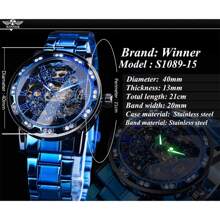 T-WINNER Winner Transparent Diamond Mechanical Watch Blue Stainless Steel Skeleton Watch Top Brand Luxury Business Luminous Male Clock