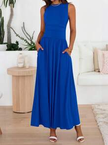 Women Sleeveless Maxi Dresses Crew Neck High Waisted Patchwork Ruched Tank Summer Dress With Pockets Beach Holiday Vacation Valentine - 寶藍色 - 查看 3