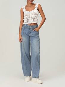 Womens Barrel Jeans Fashion Mid Rise Wide Leg Loose Denim Pants Baggy Trousers With Pockets - Light Wash - View 1