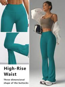 FWH 时尚休闲简约提臀蜜桃臀时尚优雅街头复古显瘦低调奢华拉长腿部线条经典简约高端显瘦高腰百搭喇叭裤新款欧式束腰健身阔腿瑜伽裤紧身裤 - 綠色 - 查看 3