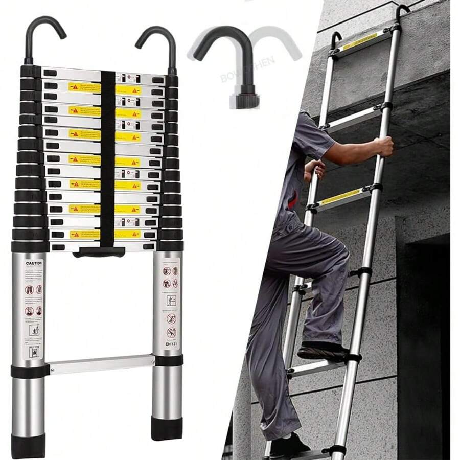 Escalera Plegable De Aluminio 4.4 Metros con 2 Ganchos Telescópica Extensible Compacta y Portátil Bloqueo De Escalón 15 Peldaños Escalera Retractil Soporta hasta 150KG - Plateado - Ver 1