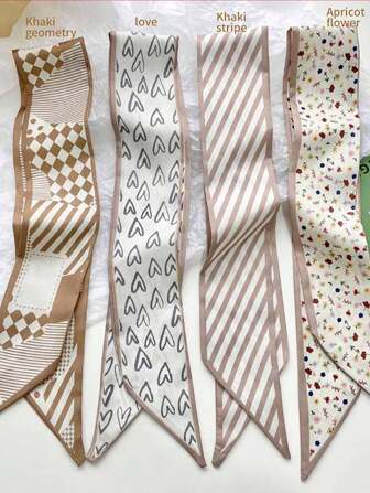 4 件套卡其色头带套装 - 女士和女孩真丝发带头巾 | 日常、派对、婚礼发饰头巾头带吸汗带，发带秋冬度假装女士优雅围巾