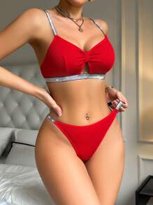 Women Striped Comfortable Seamless Bra Set, Wire-Free - Red - View 3