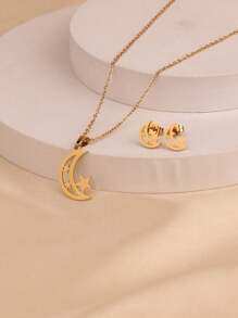 3pcs/Set Fashionable Stainless Steel Star Necklace Earring Set, Moon Star Necklace Earring Set, Simple Engagement Jewelry Set, Holiday Gift, Neutral Style, Suitable For Daily Wear