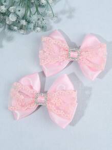 2 件装粉色和白色缎带蝴蝶结发夹，适合女孩 - 花卉刺绣薄纱蝴蝶结和方形水钻发夹，闪亮儿童发饰，优雅发夹，适合学校和派对 - 彩色 - 查看 10