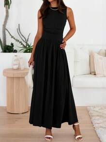 Women Sleeveless Maxi Dresses Crew Neck High Waisted Patchwork Ruched Tank Summer Dress With Pockets Beach Holiday Vacation Valentine - 黑色 - 查看 5