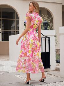 Simplee Women's Summer New Lace Patchwork Floral Print Long Dress, Suitable For Wedding Guests, Party Dresses, Graduation Season - Pink - View 2