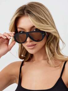 女士复古超大飞行员时尚眼镜，厚框设计，嘻哈朋克风沙滩配饰，度假服饰配件，春夏休闲服饰，夏季沙滩度假、户外活动、旅行的理想礼物 - 查看 2