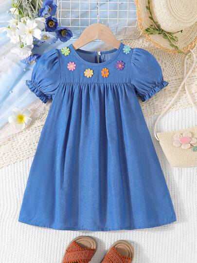 Young Girls' Colorful 3D Floral Puff Sleeve Plain Ruched Denim Effect Dress