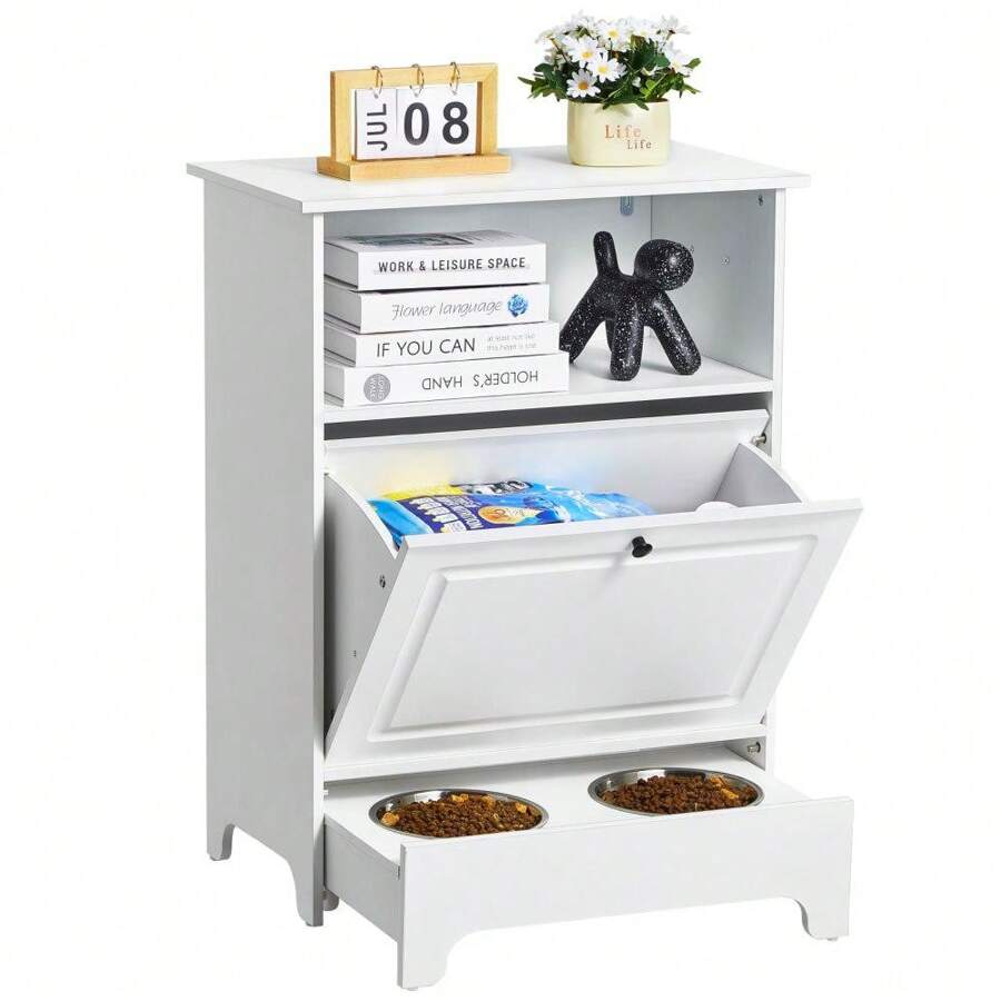 Elevated Dog Feeding Station With Two Bowls And Storage Cabinet For Food And - White - View 1
