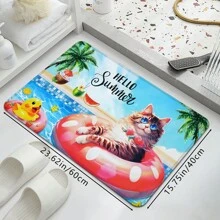 1pc Creative Summer Multicolor Pool Kitty Printed Doormat, Soft Non-Slip Absorbent Machine Washable Anti-Fatigue Kitchen Mat, Rectangular Low Pile Rug For Living Room, Bedroom, Kitchen, Laundry Room, Holiday Home Decor