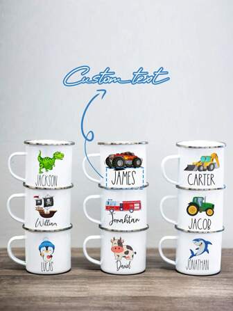 1pc Custom Name Personalized Gift White Enamel Mug, Cute Animal Elements Enamel Mug, Perfect Halloween Gift For Him/Her, Custom Halloween Memorial Gift, Custom Birthday Gift, Unique Gift For Special Occasions, Personalized Photo Coffee Mug, Custom Camping Mug, Custom Christmas Gift, Personalized Anniversary Photo Mug, Perfect Gift For Family, Friends,