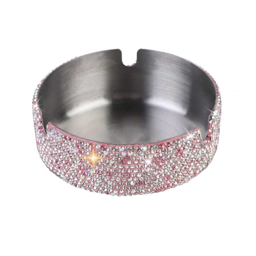Rhinestone Studded Stainless Steel Ashtray, Creative High-End Home & Office Use Gifts Birthday Graduation - Pink - View 1