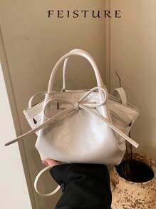 1 pieza Bolso de mano tipo cesta pequeño, nuevo diseño de lazo y forma de empanadilla para mujer primavera-verano, con cierre magnético y correa para el hombro larga, adecuado para niñas, damas, estudiantes universitarias y trabajadoras de oficina, excelente para el trabajo, los negocios, ir y venir del colegio