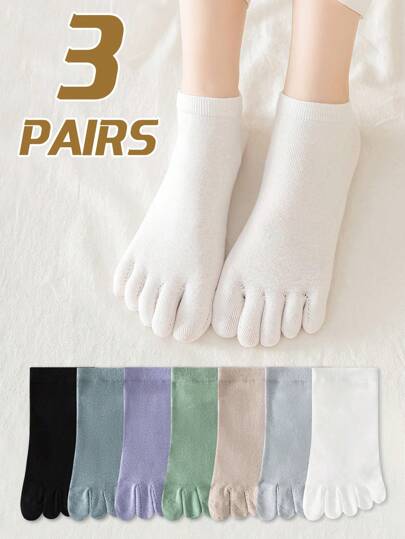 3 đôi tất cotton trơn màu đơn giản cho nữ, thoáng khí, thấm hút mồ hôi, chống mùi, tất ngắn năm ngón thể thao thời trang, mùa xuân/hè