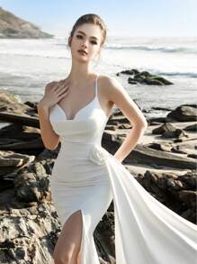 New Arrival Women Solid Color Minimalana Sexy Spaghetti Strap High Slit Beach Dress, White Elegant Bridal Shower Dress & Wedding Dress - White - View 6