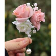 1pc Brooch + 1pc Wrist Corsage Set, Pink & White Rose Beaded Decoration Brooch For Groom, Bride, Parents, Bridesmaids, Wedding, Party, Prom, Daily Wear