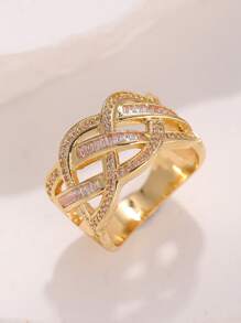 Anel de luxo banhado a ouro cúbico brilhante, resistente, em caixa, joia com imitação de diamante de cobre, adequada para mulheres, presente de casamento, noivado e feriado - Ouro - Ver 3