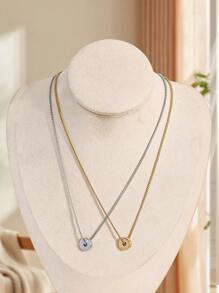 1pc Modern Minimalist Two-Tone Geometric Circle Pendant Necklace, 2 Pieces Set