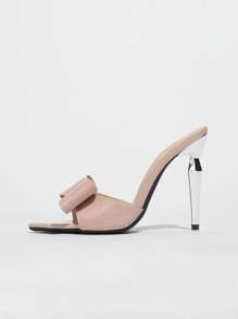 Shiny Crystal Bow-Knot Metallic Pointy Toe High Heels Sandals, Fashionable Slip-On Party/Date Shoes For Young Ladies, Light Pink