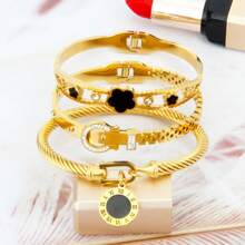 3/1 套装时尚珠宝派对珠宝镀金女士手链，节日风格三叶草方晶锆石吊坠项链配饰，节日礼物 - 小鎖吊墜組合款 - 查看 4