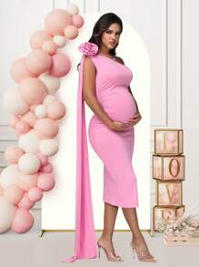 Maternity One Shoulder Floral Patch Baby Shower Midi Dress Floating Sleeves Party Women Gown - 淺粉色 - 查看 1