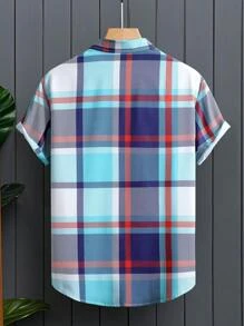 Men's Casual Short Sleeve Plaid Shirt, Navy Blue & Red Check Pattern, Summer - Navy Blue - View 2