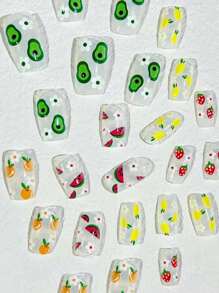 24pcs Short Square Shiny Press-On Nails, Cute White Flower & Fruit Series (Strawberry, Orange) Green Nails, Full Cover Removable Nail Art Supplies, Includes 1pc Jelly Gel And 1pc Nail File, Decorate Your Nails And Elevate Your Fashion, Women Nail Gift, Suitable For Ladies And Girls In School, Office, Party And Daily Wear