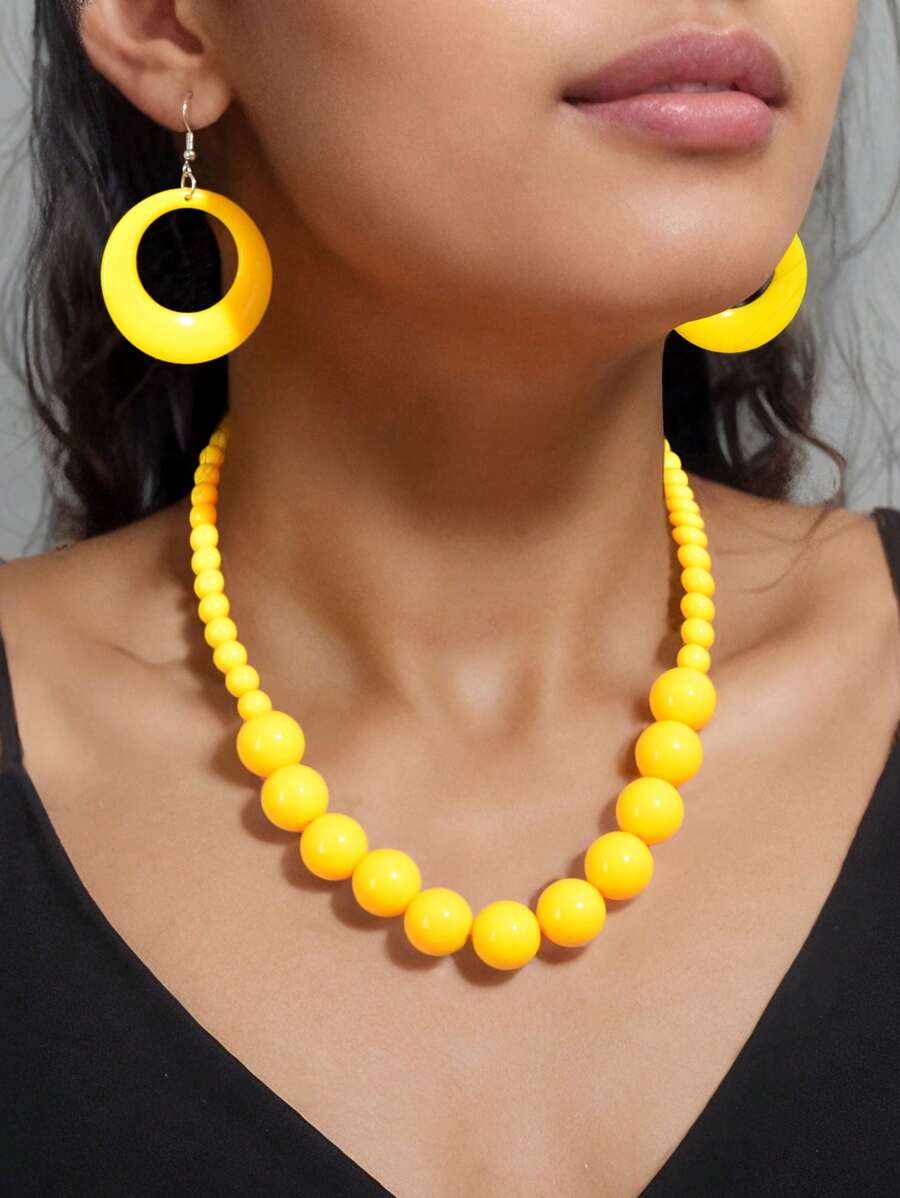 3 件波西米亚度假吸睛首饰套装塑料珠项链和圆形吊坠耳环夸张首饰套装 - 黃色 - 查看 1