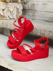 Women's Woven Strap Single Buckle Open Toe Casual Non-Slip Thick Sole Comfortable Wedge Sandals, Suitable For Pants And Skirts - Red - View 3