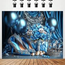 优雅的蓝色生日背景，配有气球、鲜花和闪亮的高跟鞋 - 聚酯照片亭装饰，适合派对庆祝活动，庆祝装饰品 | 节日活动装饰品 | 精美的设计，生日派对装饰礼物毕业