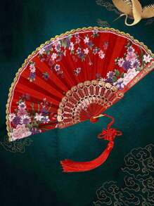 1pc Red Silk Folding Fan With Gold Trim, Chinese Style Embroidered Tassel Pendant, Random Chinese Knot Pattern - Red - View 3