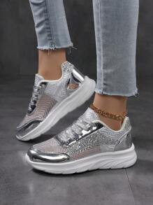 2025 New Women Casual Sneakers, Platform Thick Sole Non-Slip Wear-Resistant Elegant Fashion Gold Lace Mesh Breathable Comfortable Low-Top Round Toe Lace-Up Outdoor Casual Fashionable Luminous Slip-On Versatile Women Flat Shoes