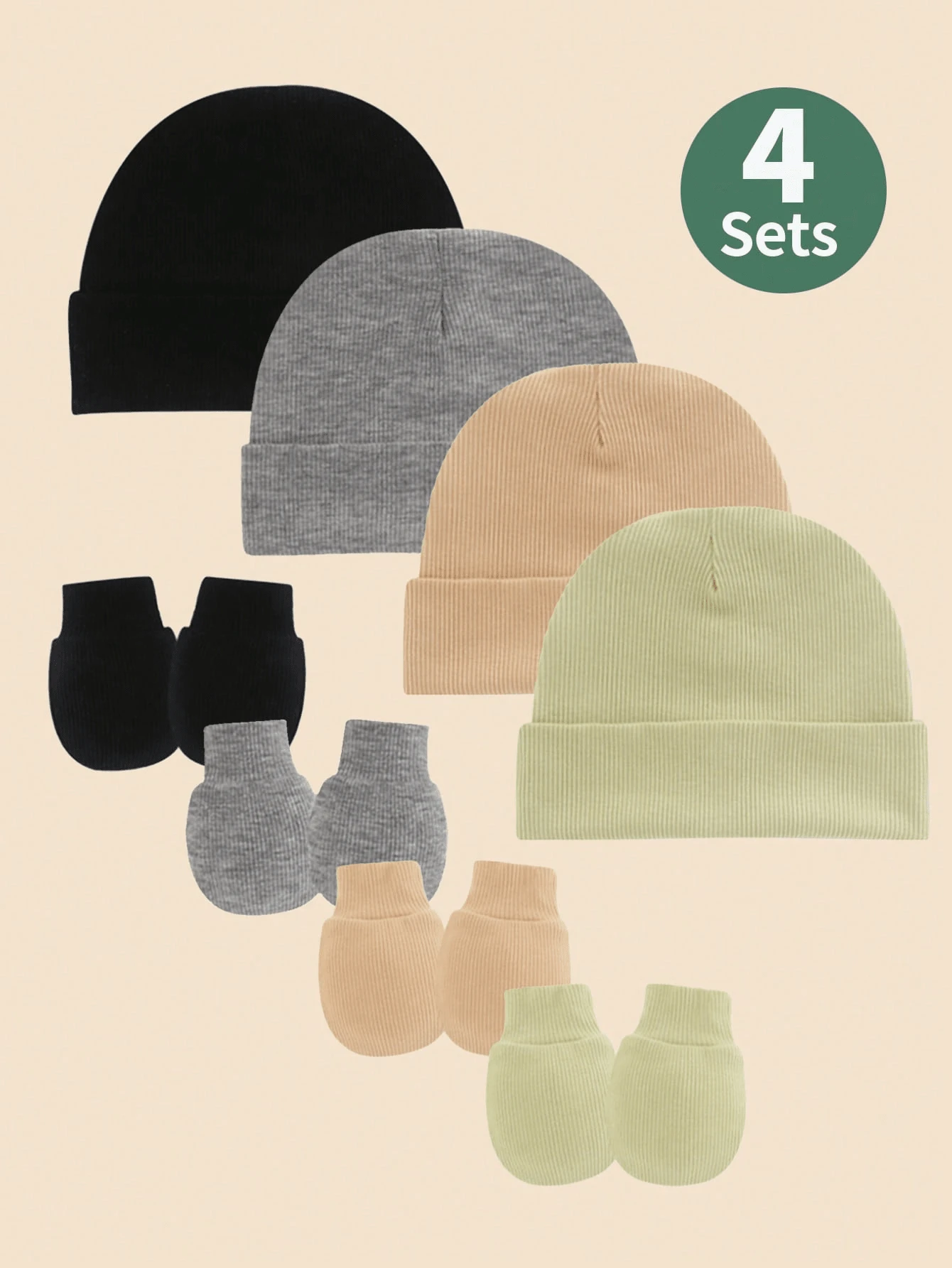 4pcs/Set Solid Color Baby Hat + Anti-Scratch Mittens Set, Suitable For Daily Wear - 彩色 - 查看 1