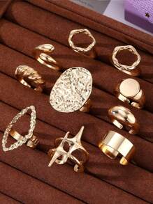 10 Pairs Fashion Unique Metal Asymmetrical Exaggerated Design Rings Set, Elegant & Versatile For Daily Wear, Women