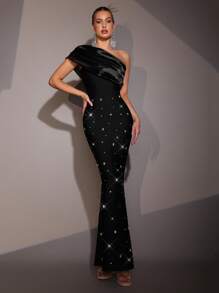 Modphy 全新性感不对称领口无袖网眼拼接水钻绷带连衣裙，优雅女士晚礼服，适合正式场合、派对礼服、婚礼宾客礼服 - 黑色 - 查看 1