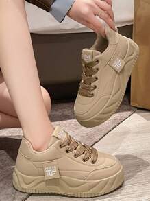 White Platform Sneakers For Women, Thick Sole Increase Height Casual Lace-Up Trainers, Khaki Color, Suitable For Daily, Outdoor Sports & Leisure, 2025 Spring New Arrival - Khaki - View 2