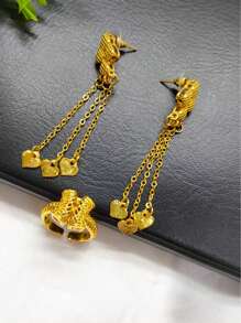 1Set Fashion Women 14K Gold Plated Flower Pendant Necklace, Earrings, Bracelet, Ring Jewelry Set, Suitable For European & American Brides, Wedding, Party, Date, Mother's Day, Valentine's Day, Holiday Gift, Alloy Jewelry