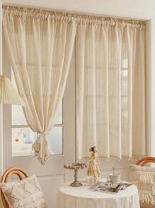 1 件亚麻薄纱窗帘 - 日式亚麻风格，杆袋设计，适用于客厅和卧室 - 透明和滤光窗帘，客厅窗帘 - 米色 - 查看 7