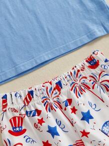 Little Boys 4th Of July Outfit American Flag Firework Pattern Crew Neck Short Sleeve T-Shirt And Shorts For Kids Girl 2 Pcs Set - Blue - View 7