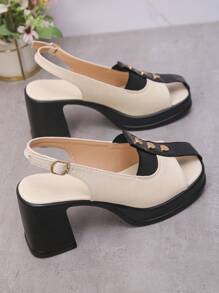 大码女式夏季时尚欧美风格压花米色后带粗跟凉鞋，舒适百搭高跟凉鞋，适合日常穿着、工作、派对 - 米色 - 查看 7