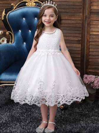 Tween Girl Spetstrim Rosett Tyll Formell klänning, Prinsessklänning för bröllop, examensceremoni, säsonger