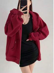 Women's Zippered Sweatshirt - 酒紅色 - 查看 1