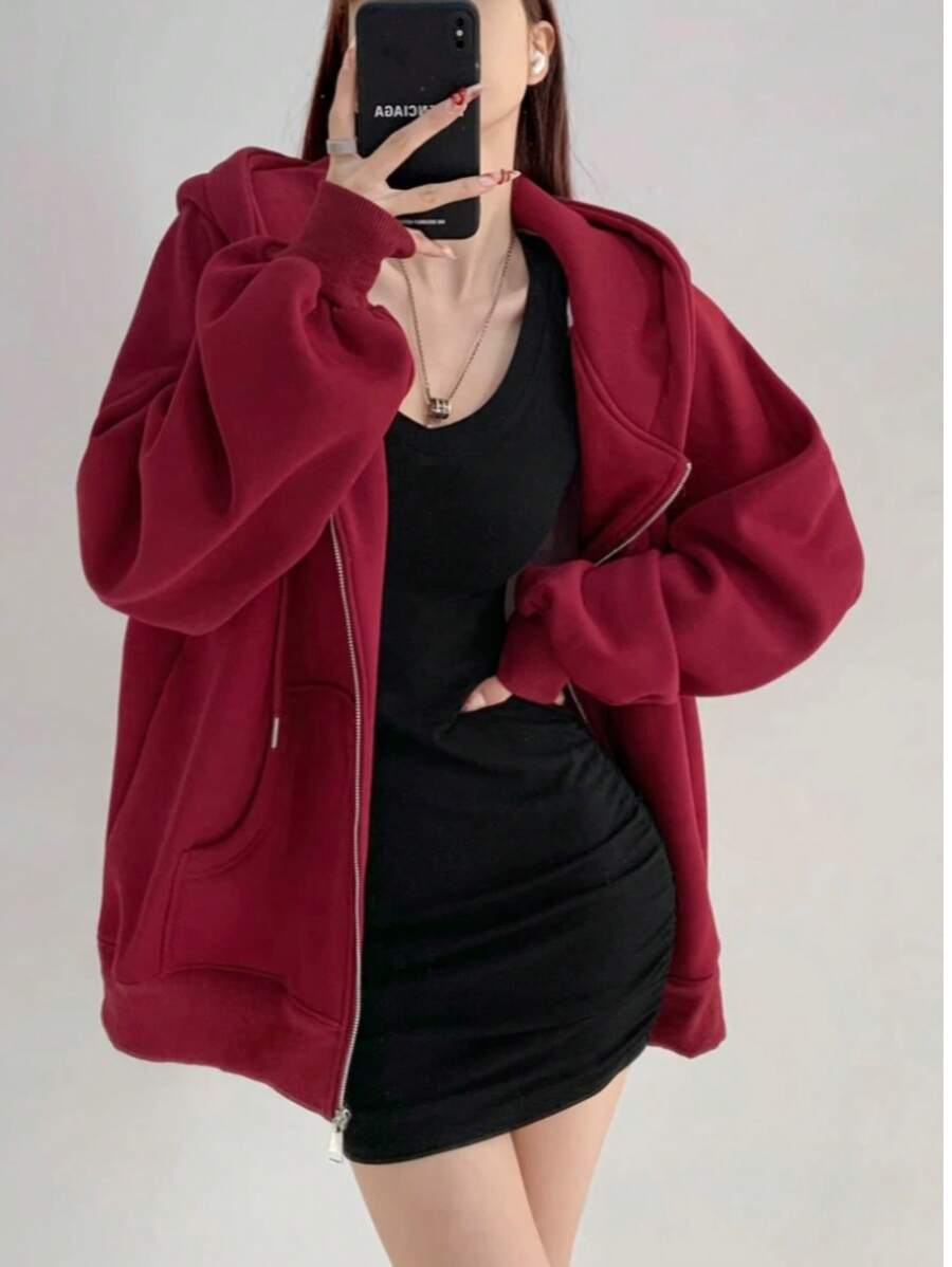 Women's Zippered Sweatshirt - 酒紅色 - 查看 1
