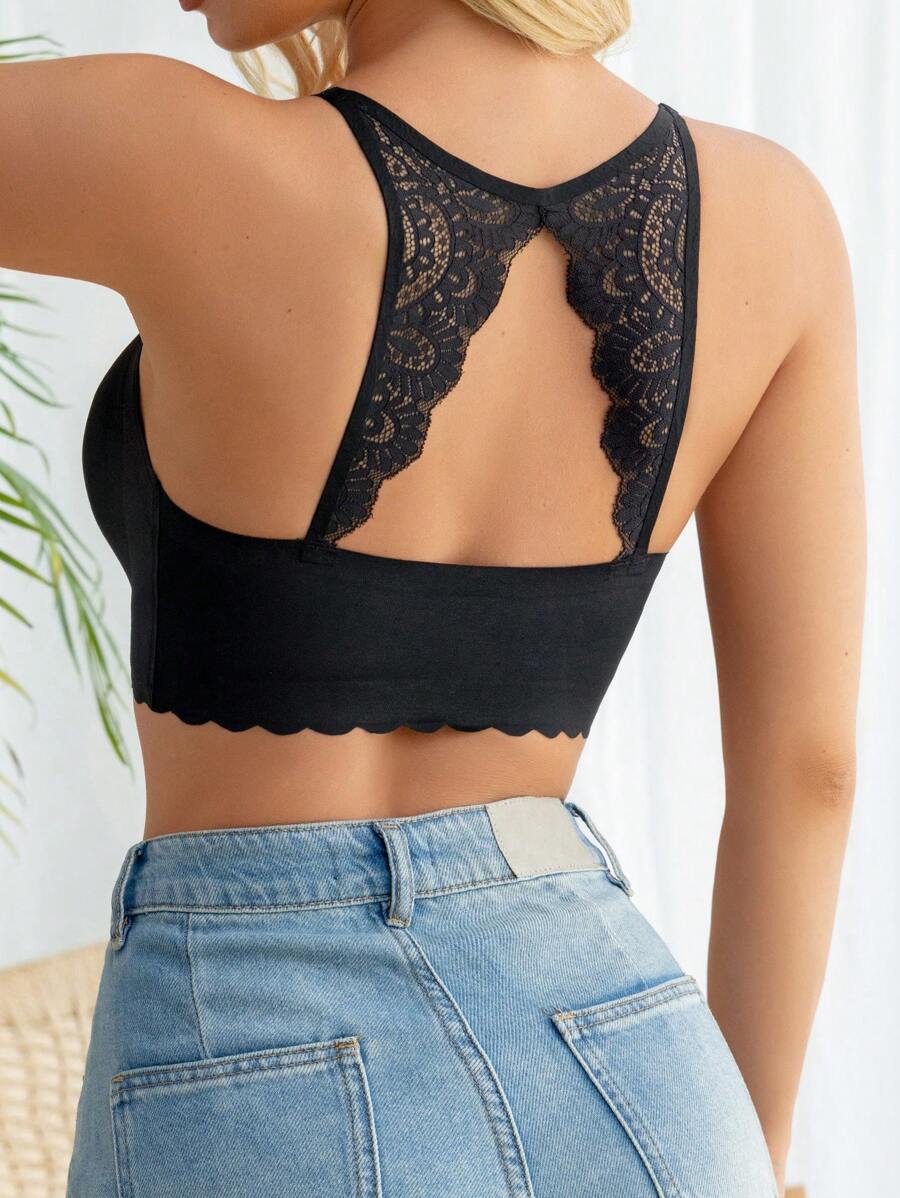 1pc Seamless And Comfortable Adjustable Shoulder Strap Bra Frill Design Daily Casual Back Lace Embroidery, July 4th Women's Hot-Selling Style, Black Fashion Romantic Outdoor Wear - Black - View 1